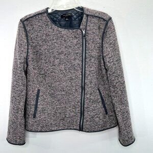 Ann Taylor Moto Jacket Blazer Petite 12 12P Gray Pink Tweed Asymmetrical Zip